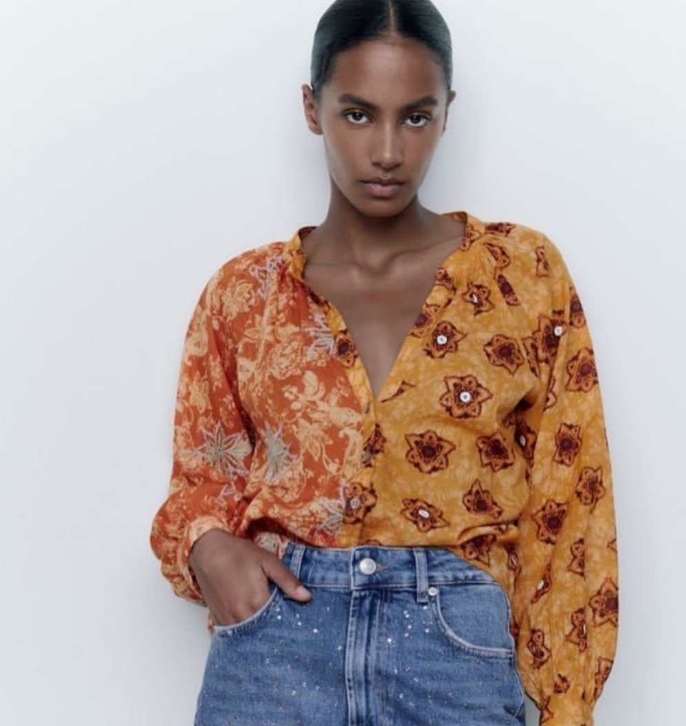 Mixed Print Boho Balloon Sleeve Blouse