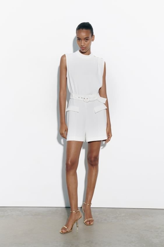 Mock Neck Button Shoulder Playsuit With Belt