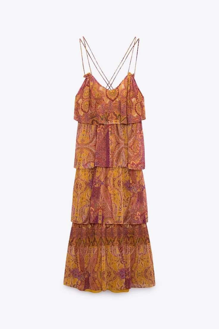 Rust Gold Paisley Tiered Midi Dress