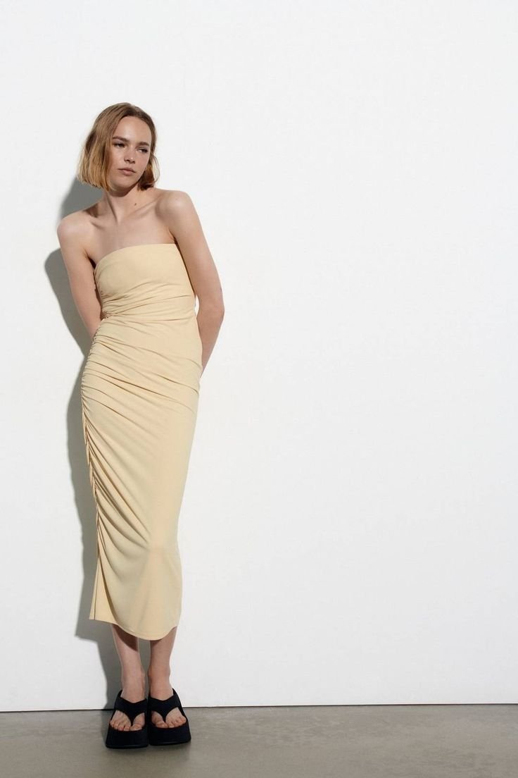 Pale Yellow Ruched Strapless Midi Dress