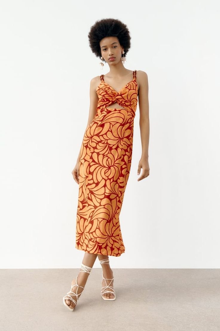 Orange Twist Front Cutout Midi Dress