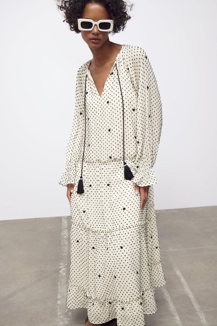Polka Dot Midi Dress With Tassel Tie