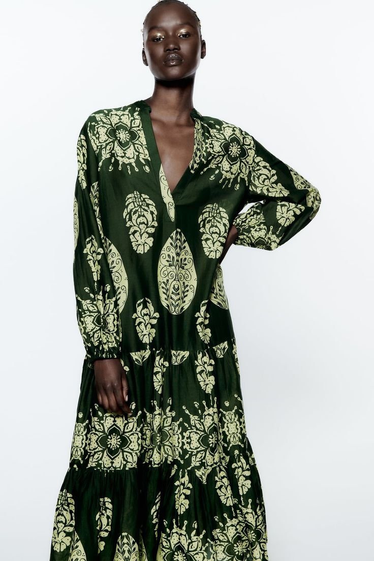 Embroidery Forest Green Print Tiered Midi Dress