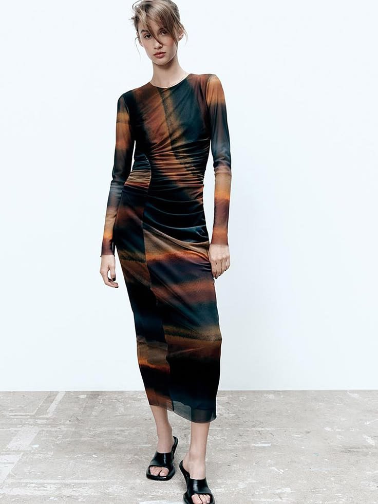 Sunset Gradient Print Ruched Mesh Midi Dress