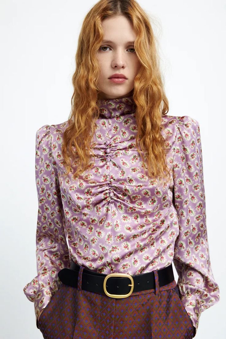 Floral Ruched Mock Neck Blouse