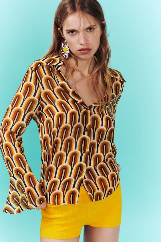 Brown And Mustard Retro Geometric Print Shirt