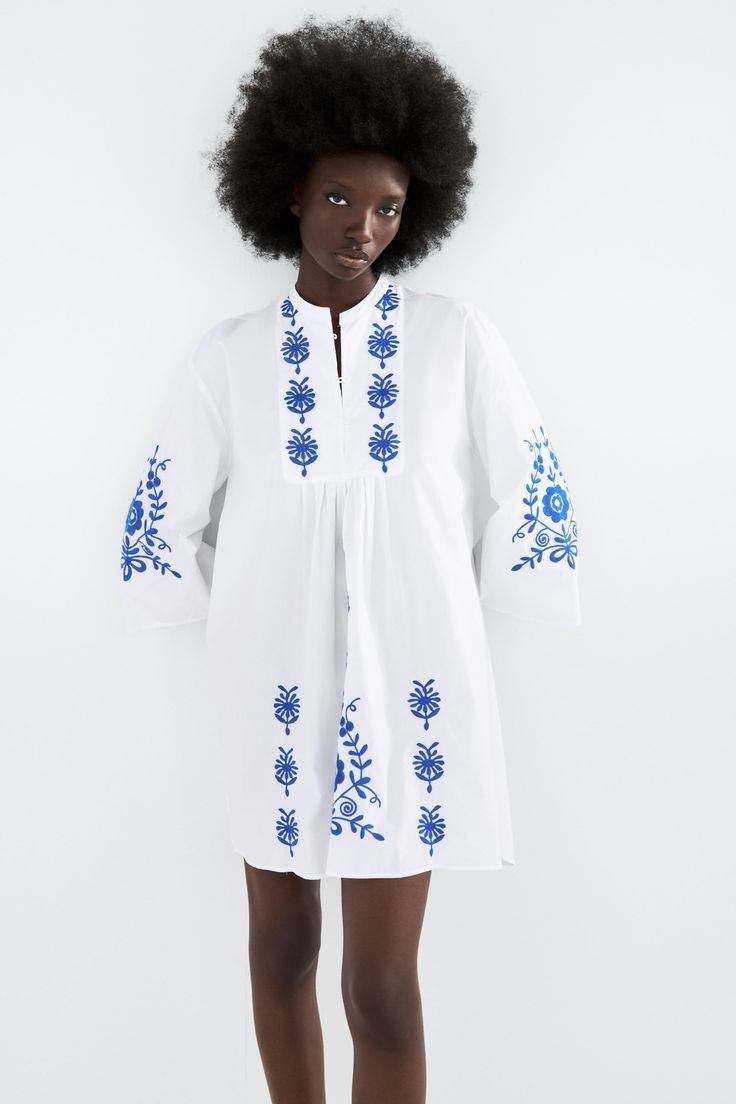 White And Blue Colored Embroidery Cotton Shirt Dress