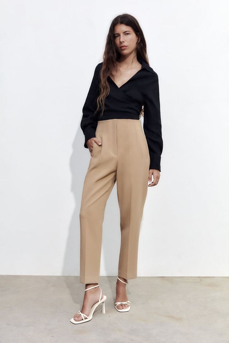 High Waist Beige Straight Trouser