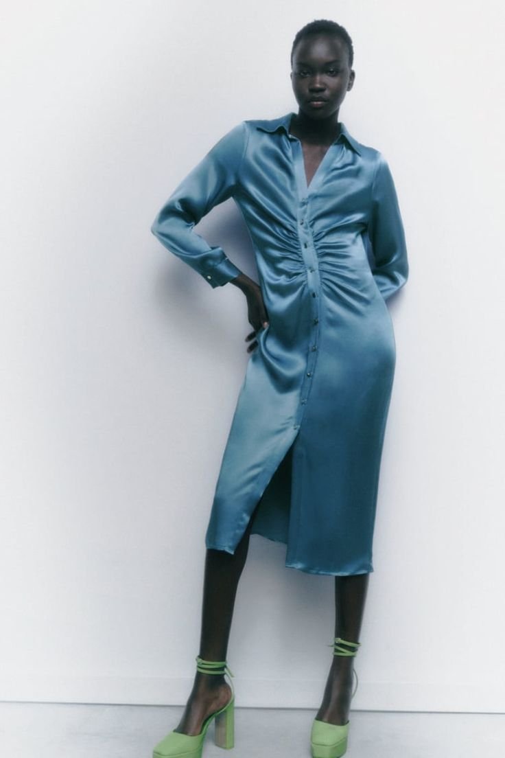 Rushed Satin Button Down Midi Shirt Dress