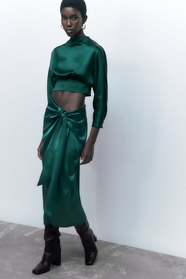 Satin Tie Front Midi Skirt
