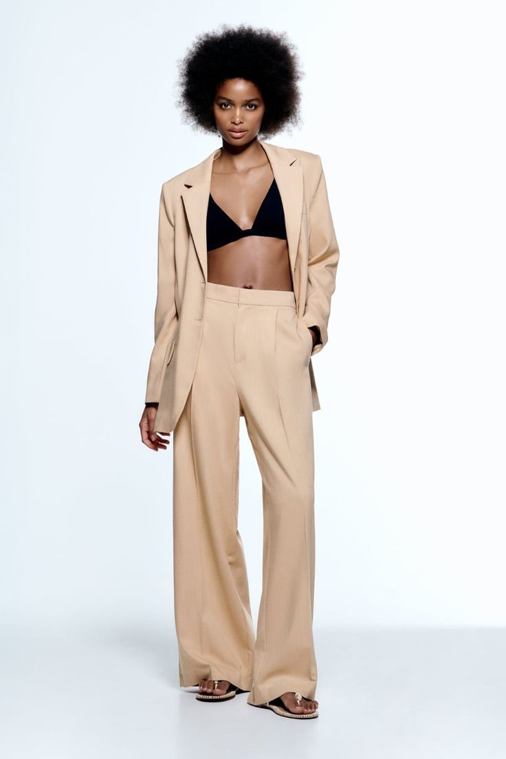 High Waist Wide Leg Beige Trouser