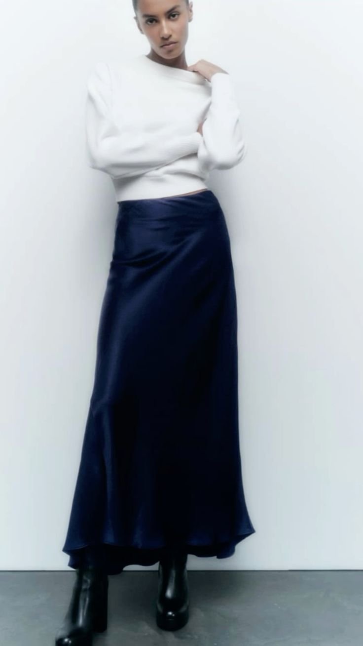 Navy Satin Midi Skirt