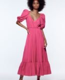Puff Sleeve V-neck Ruffle Hem Midi Dress