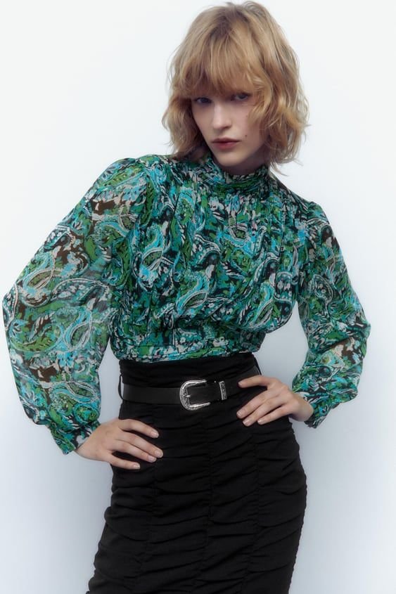 Paisley Print High Neck Cropped Blouse