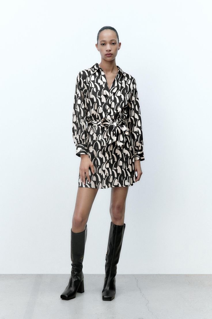 Geometric Printed Shirt Dress With Self Tie Belt