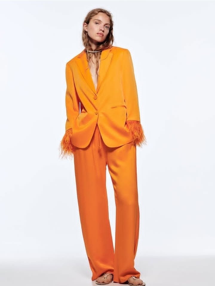 Feather Cuff Satin Blazer