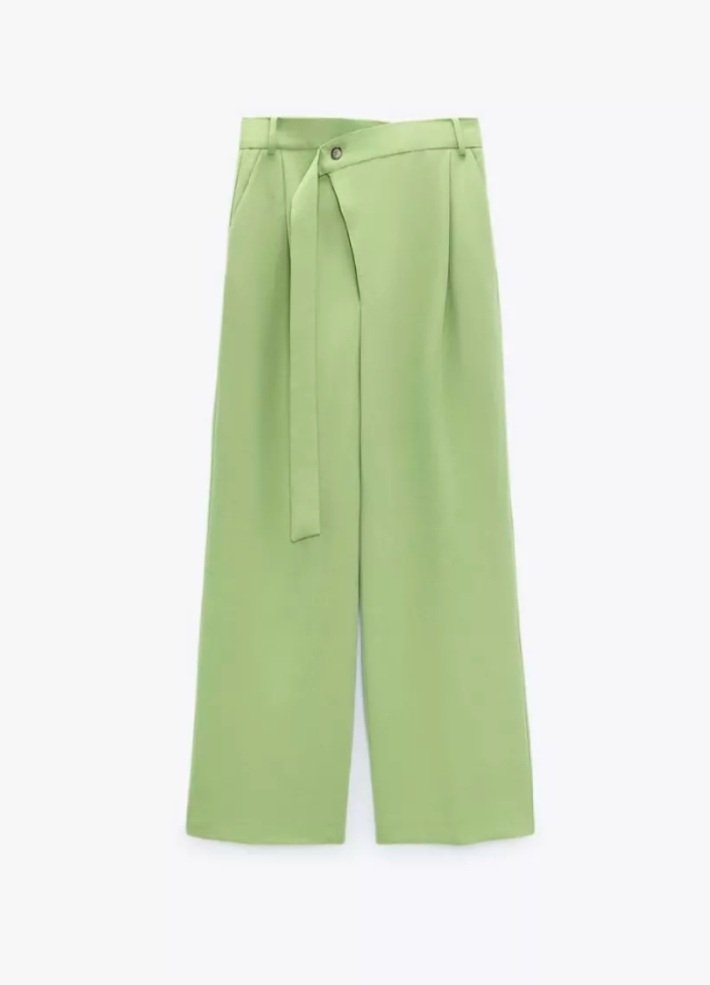 Pistachio Green Asymmetric Wrap Wide Leg Trousers