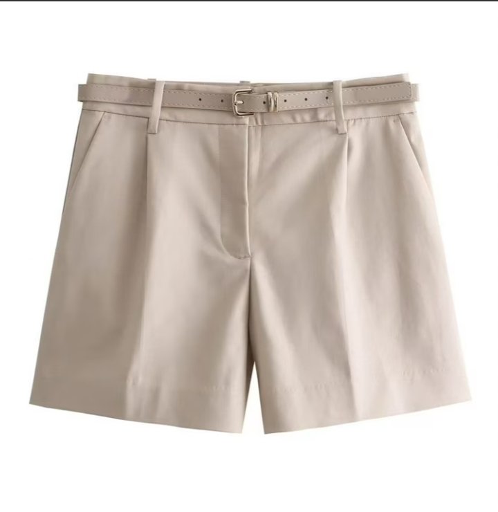High Waist Beige Tailored Belted Short
