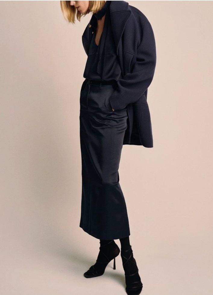 Navy Blue Satin Midi Skirt With Back Slit