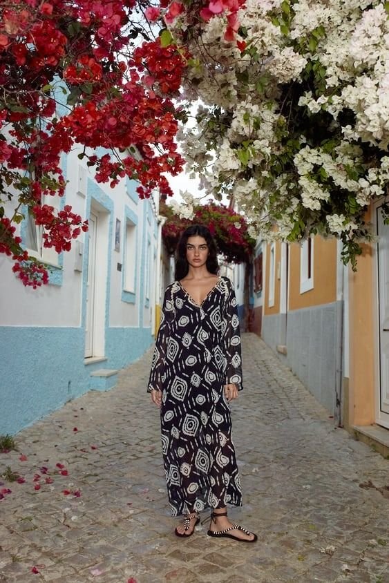 Printed Kaftan Dress With Beads