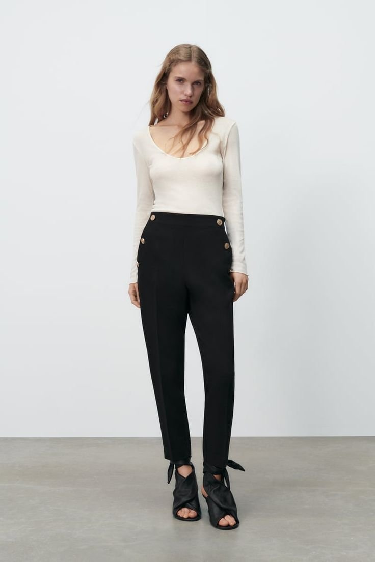 High Waist Black Button Detail Trouser
