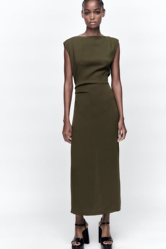 Olive Green Draped Midi Dress