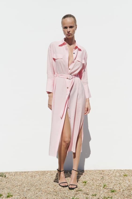 light pink shirt dress ZARA NWT $109 WOMAN LIGHT PINK TIERED POPLIN MAXI SHIRT DRESS 2183/059