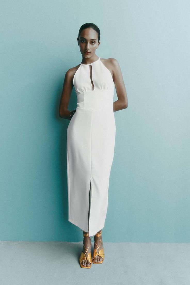 Halter Midi Optic White Dress With Front Slit
