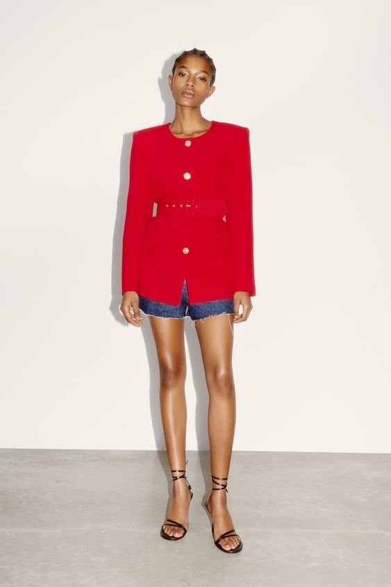 Red Collarless Belted Blazer with Button