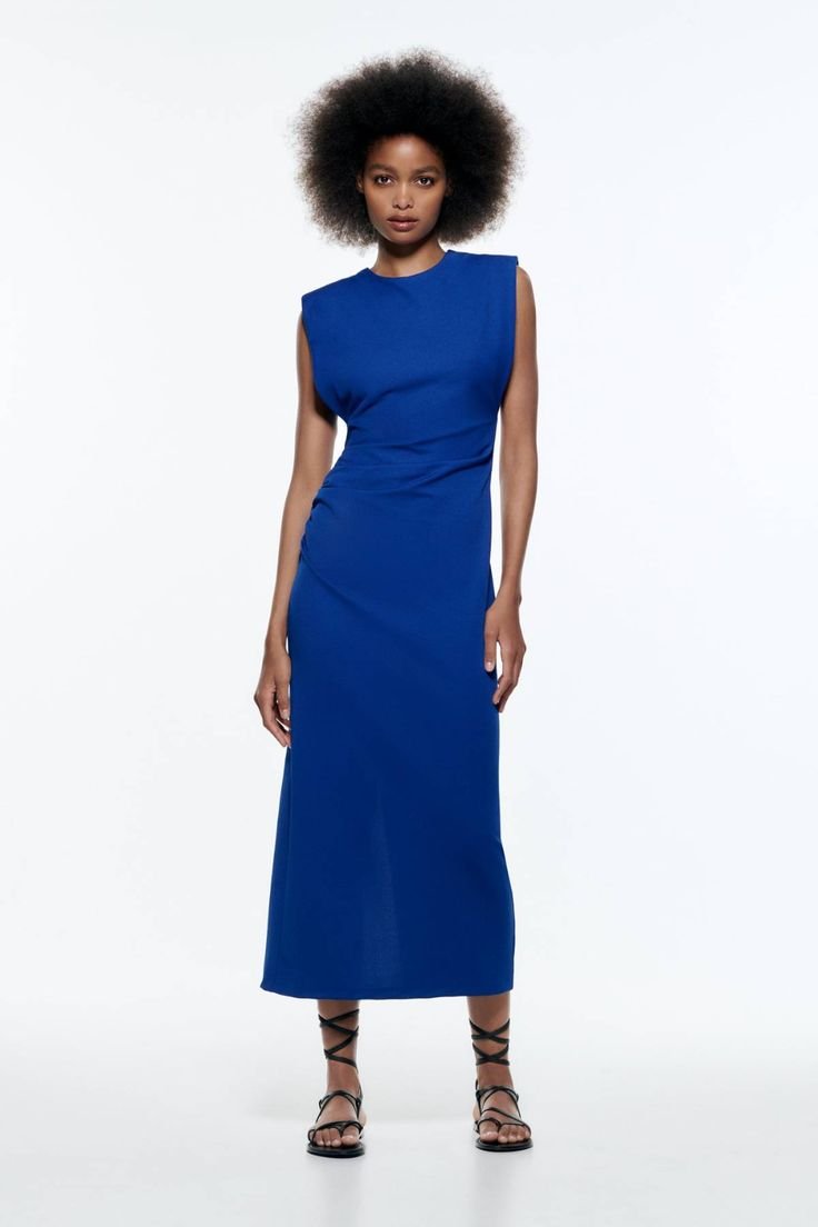 Twisted Side With Shoulder Pads Midi Dress