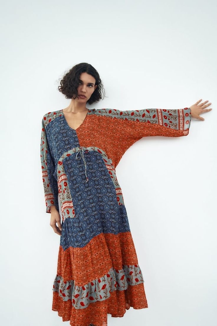 Patchwork Boho Tiered Midi Dress With Tie Front