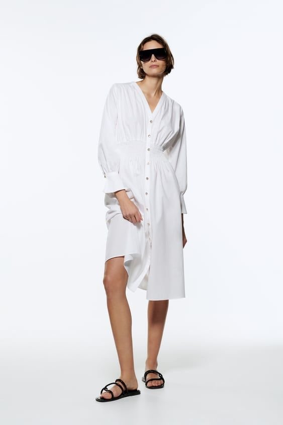 Smocked Waist Button Front Shirt Dress