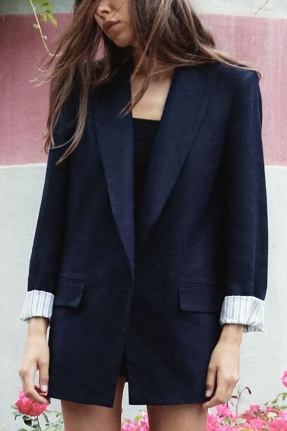 Oversized Linen Navy Contrast Stripe Cuff Blazer