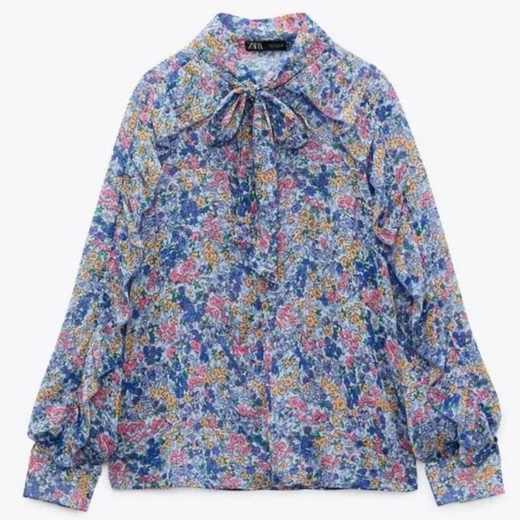Blue Multicoloured Floral Bow Tie Shirt