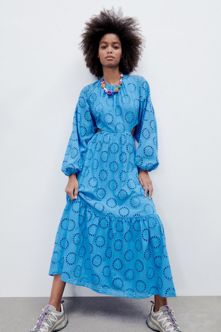 Bright Blue Eyelet Cut Out Waist Maxi Dress