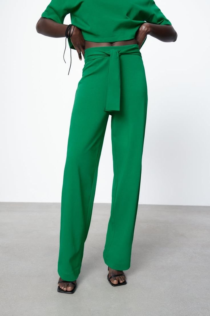 Emerald Green High Waist Wide Leg Knit Pants With Belt