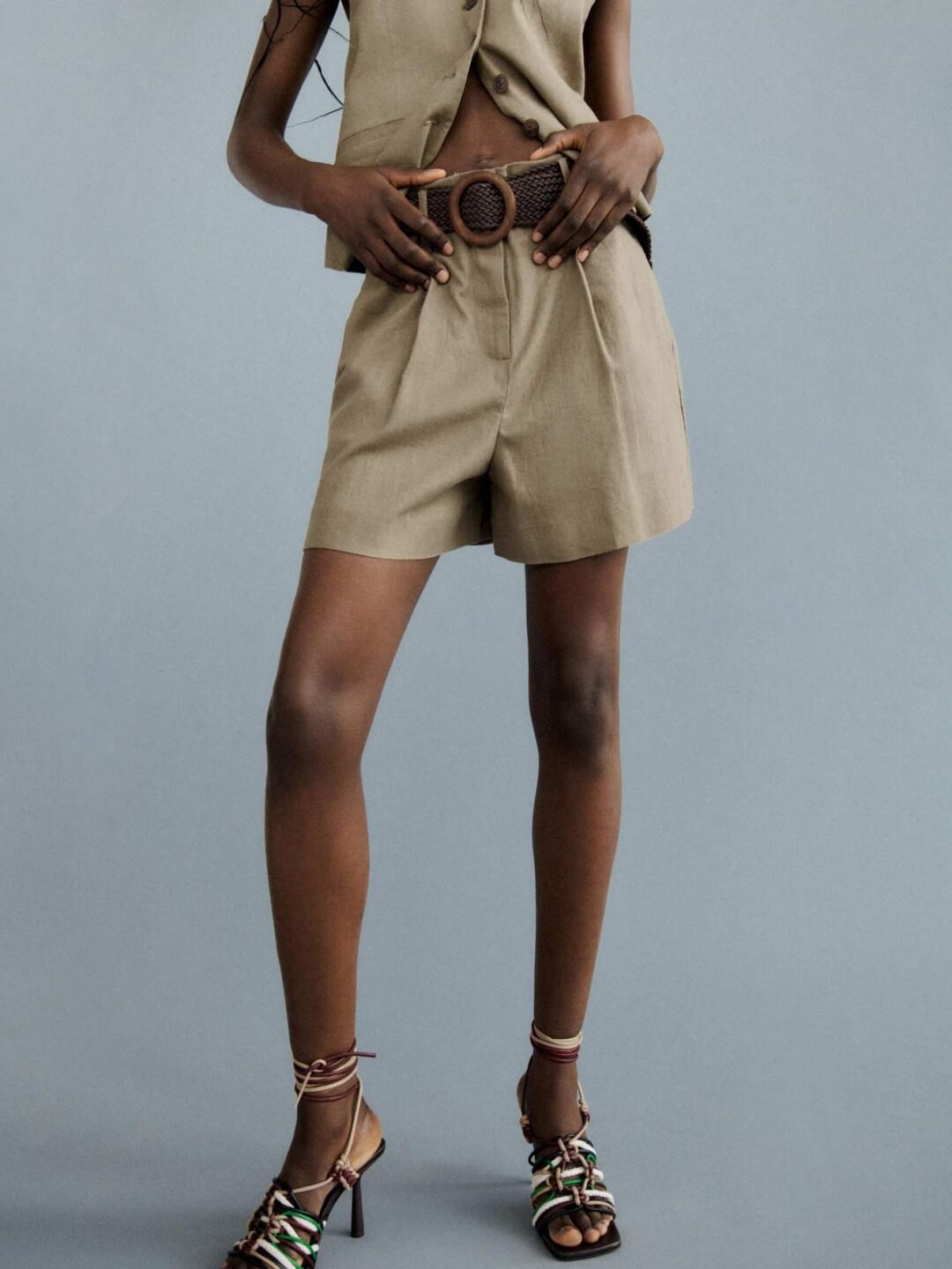 Olive Green High Waist Tailored Linen Shorts With Belt