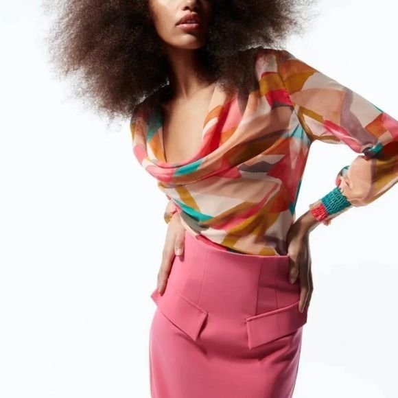 Multicoloured Abstract Print Cowl Neck Blouse