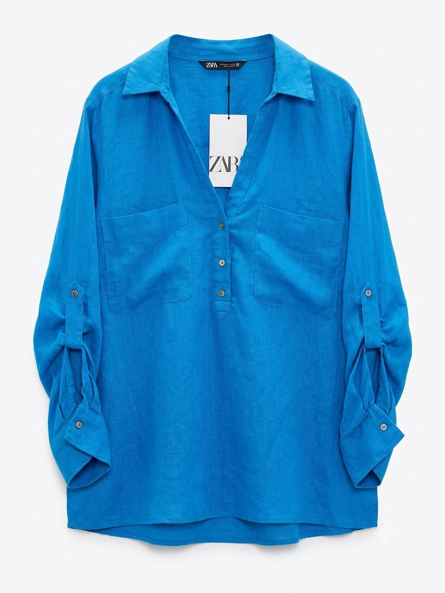 Cobalt Blue Relaxed Linen Popover Shirt