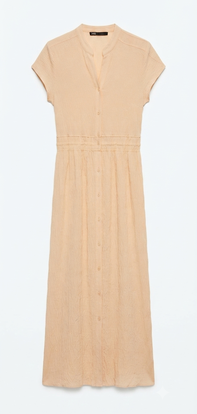 Beige Button Down Crinkle Maxi Shirt Dress