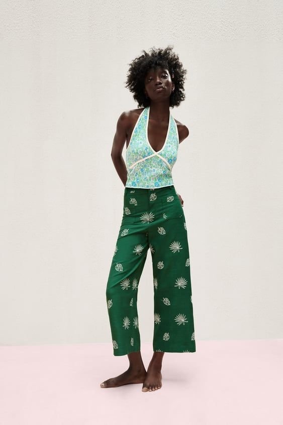 Emerald Green Tropical Print Wide Leg Pants