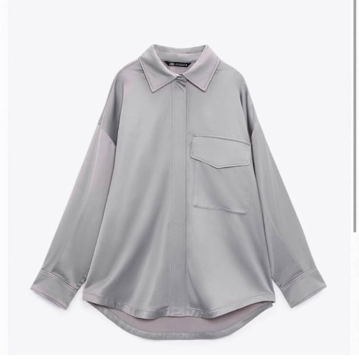 Sliver Grey Oversized Satin Button Down Jacket