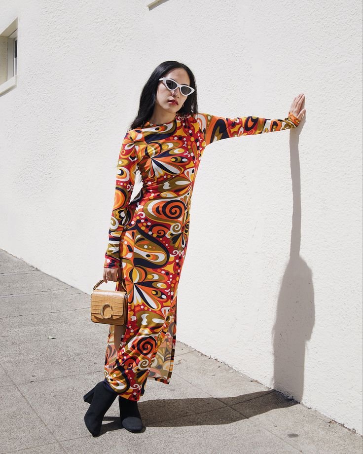 Muti colored Retro 70s Swirl Print Maxi Dress