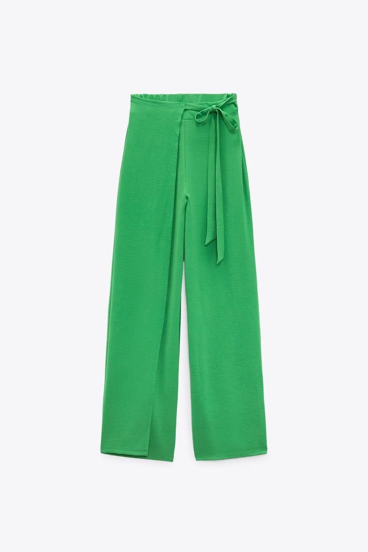 Green Wrap Effect Tie Waist Wide Leg Pants