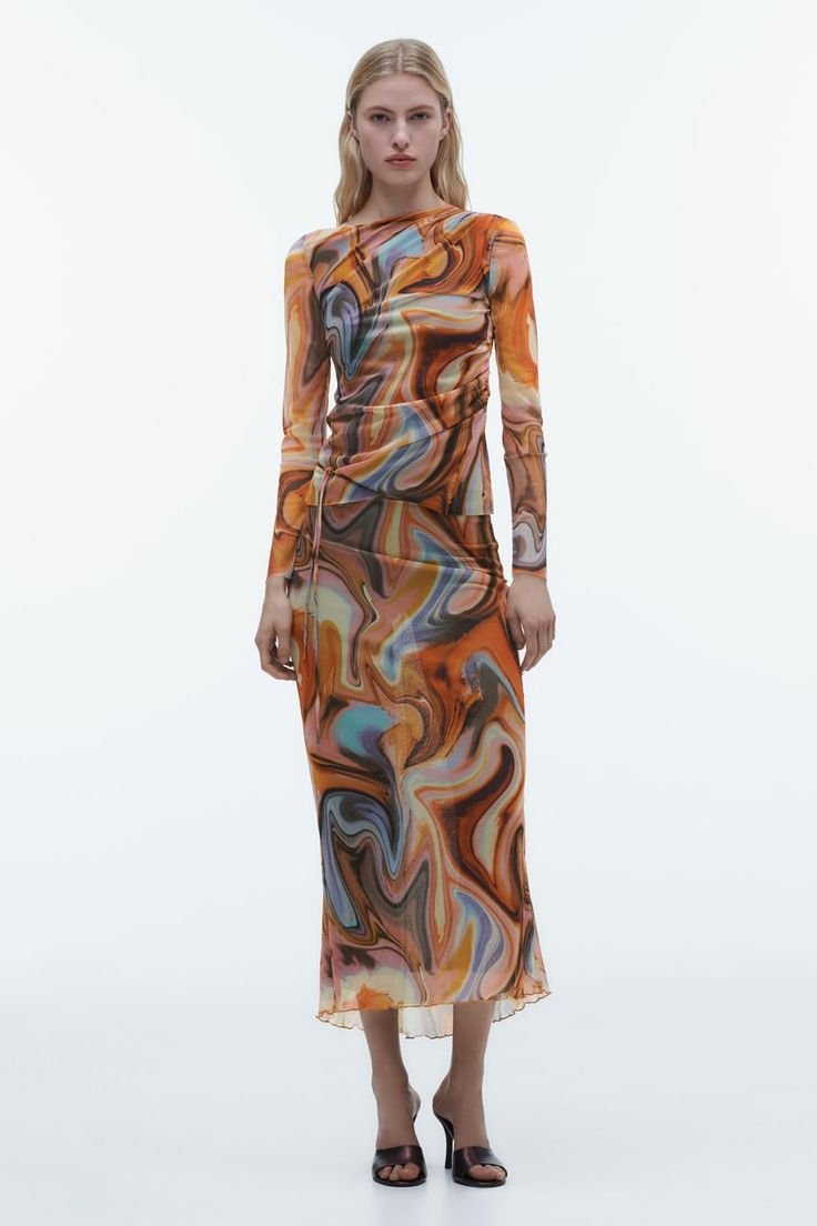 Sunset Marble Swirl Mesh Midi Skirt