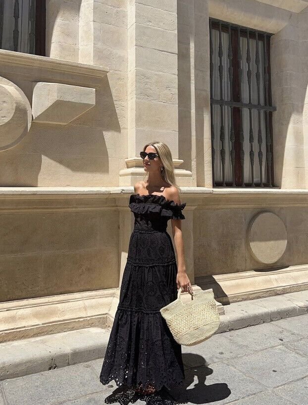 Black Off Shoulder Ruffle Tiered Eyelet Midi Dress