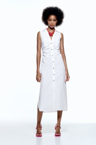 White Sleeveless Button Front Shirt Midi Dress