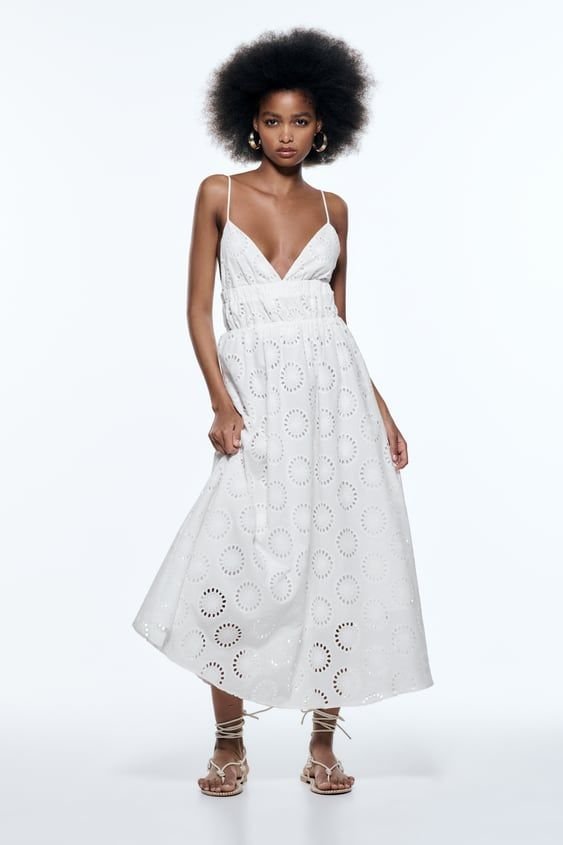 White Eyelet Embroidered Strappy Midi Dress