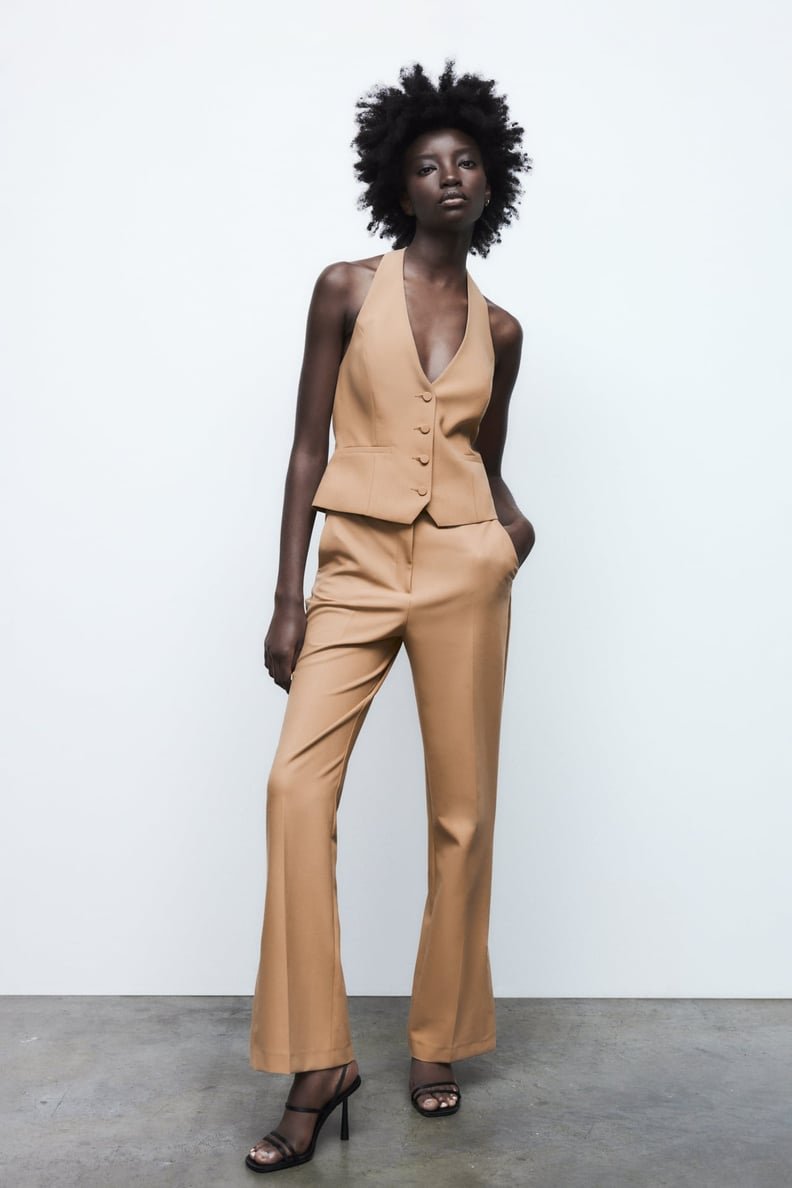 Camel High Waist Tailored Straight Trousers With Slit Hem