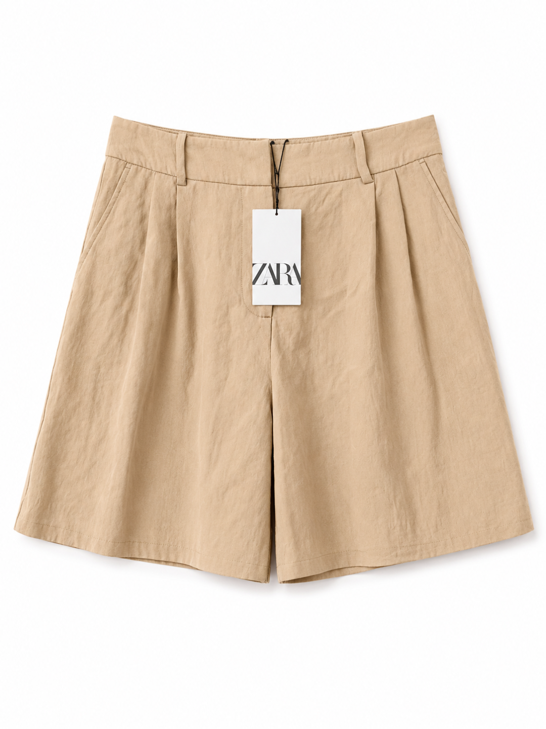 Beige High Waist Pleated Linen Blend Bermuda Shorts